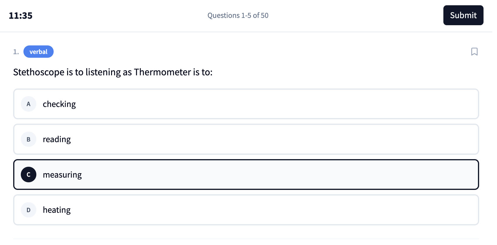 PI Cognitive Assessment practice question in progress with countdown timer showing verbal, numerical, and abstract reasoning questions