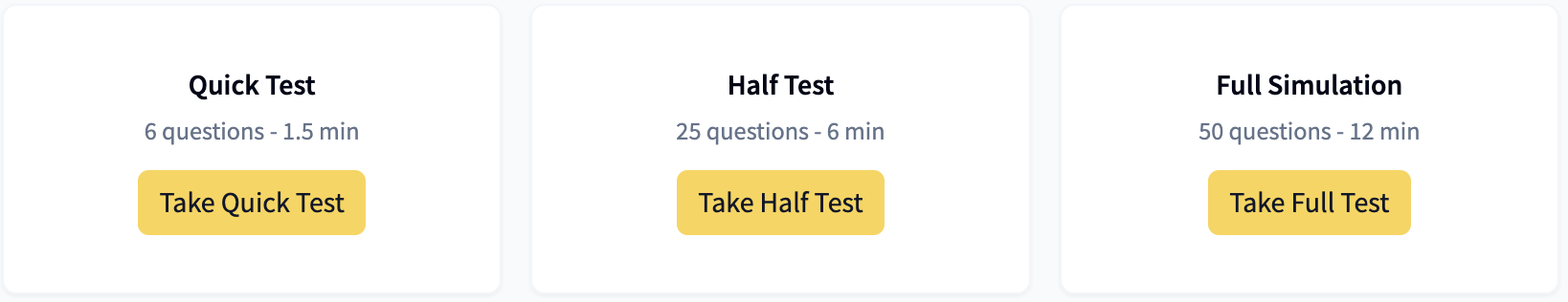 PI Cognitive Assessment practice test mode selector showing sample, half, and full simulation options